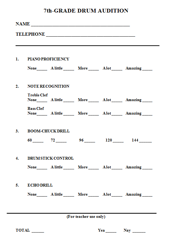 7th Grade Drum Audition Form